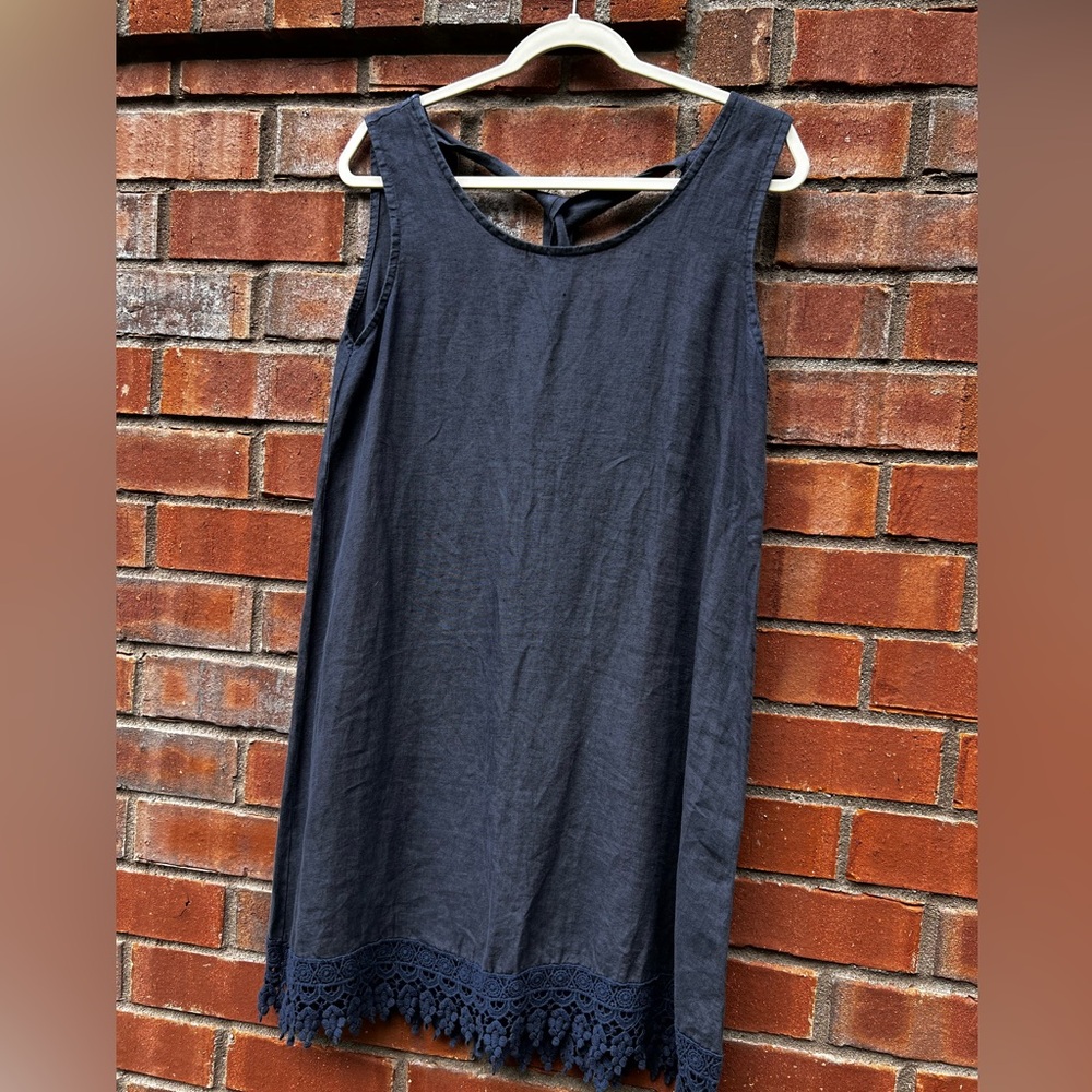 Sleeveless Navy Dress with Lace Hem